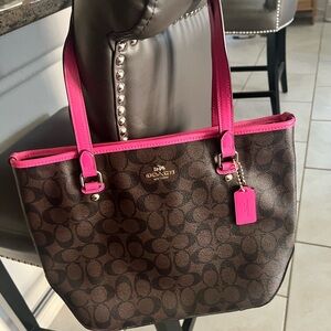 Coach Brown Signature Tote with Pink Trim and Tag